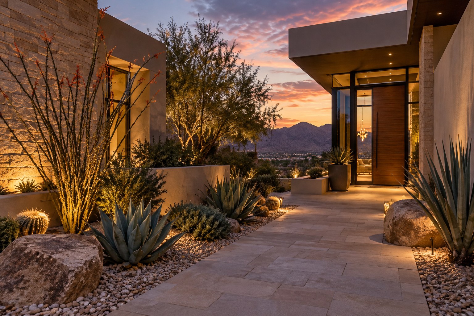 A desert contemporary home entry courtyard at dusk, illustrative