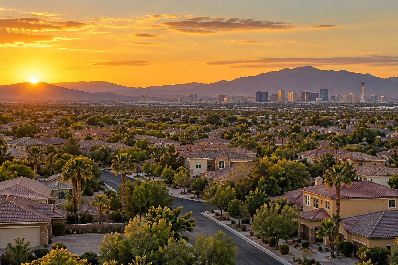 A Las Vegas valley suburb at golden hour, illustrative