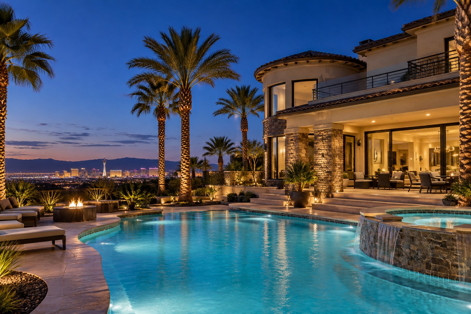 A Las Vegas home with a lit pool at dusk, illustrative