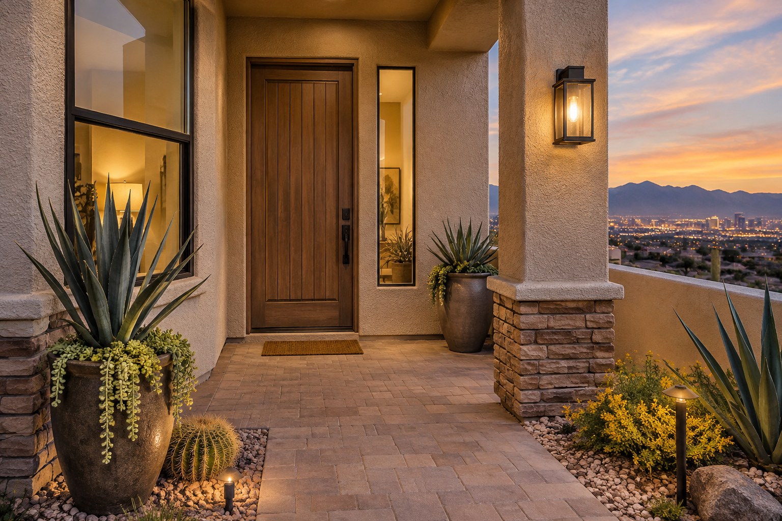 A welcoming front entry of a Las Vegas home, illustrative